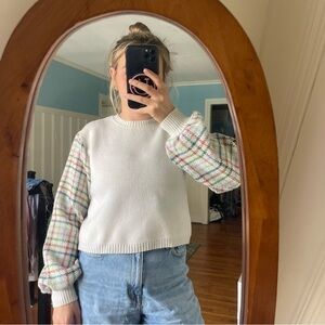 English Factory Cream Crewneck Sweater with Multicolor Plaid Balloon Sleeves